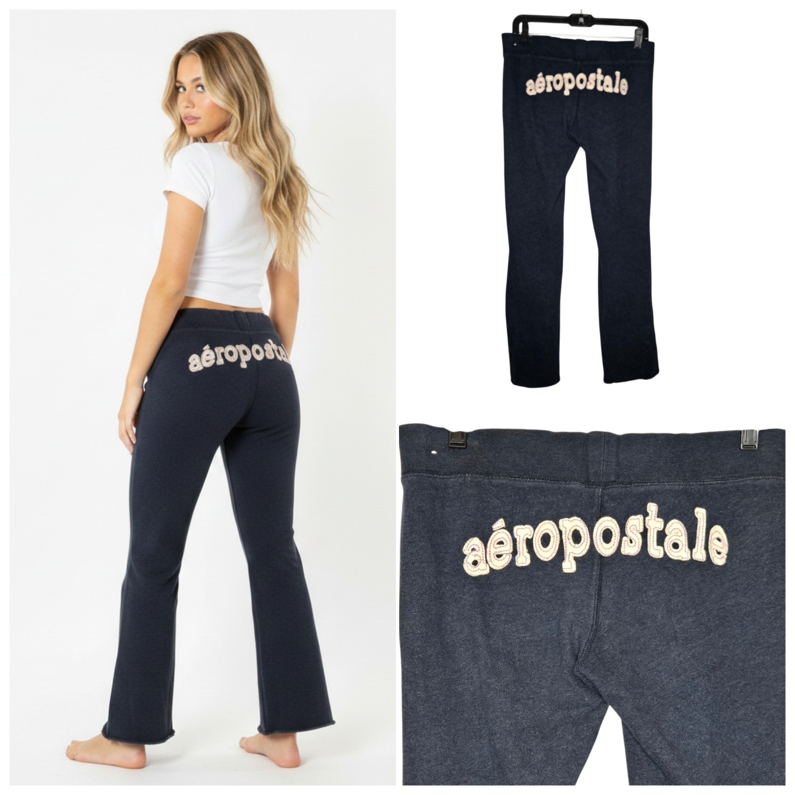Y2k Aeropostale Fit & Flared Sweatpants Raw Hem Butt Spellout Blue Xs - Medium